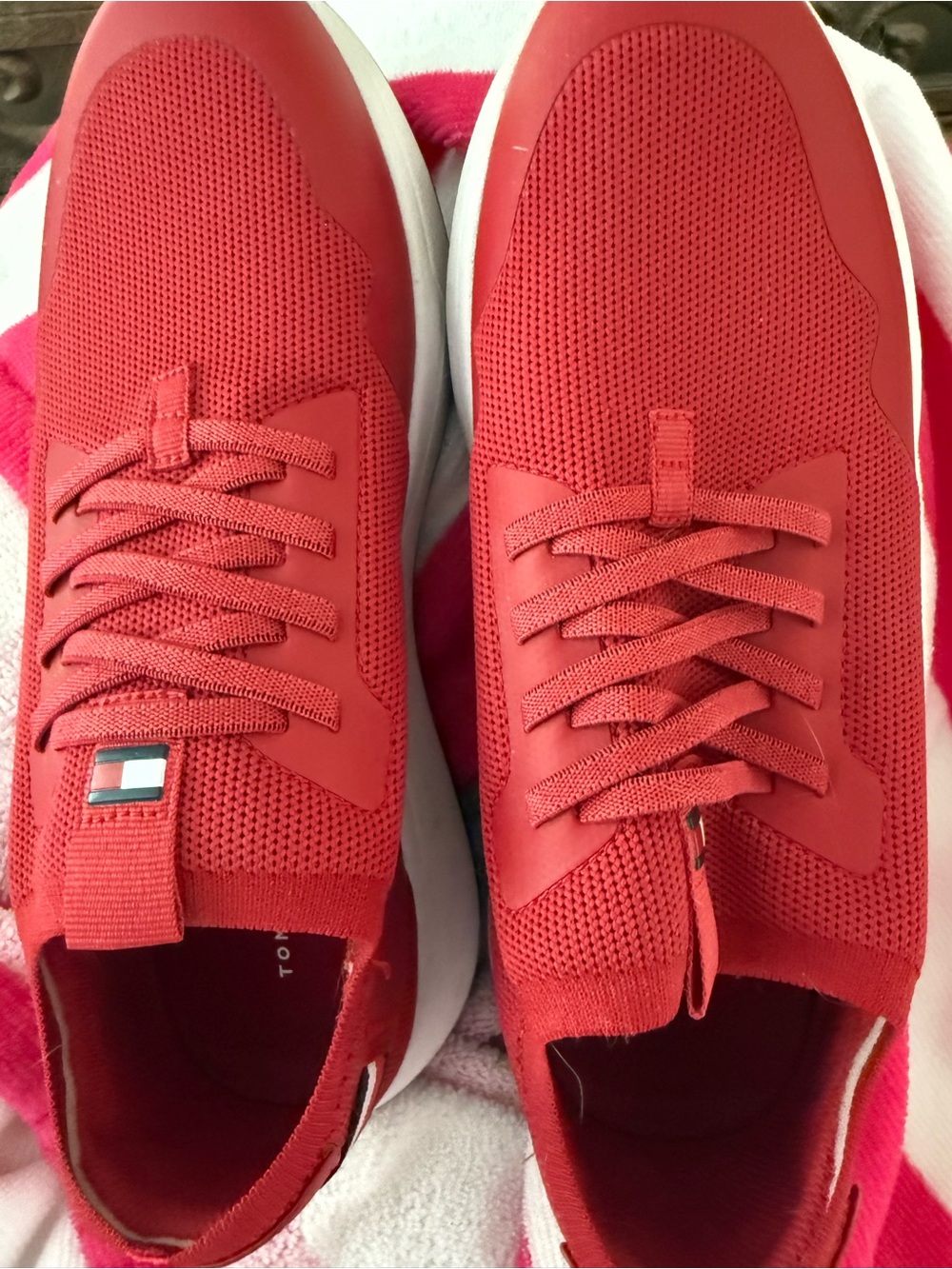 Tommy Hilfiger Red Breathable Knit Slip-On Sneakers